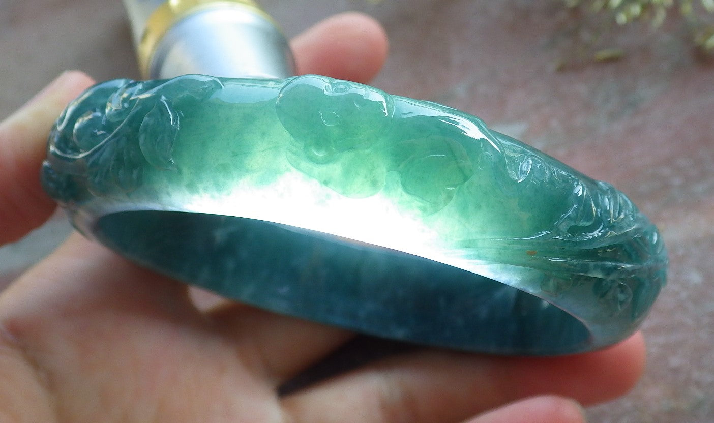 Certified Icy Green Burma 100% Natural A JADE Jadeite Monkey Ruyi Bamboo Bangle Bracelet 64 mm 手镯 640744  TN