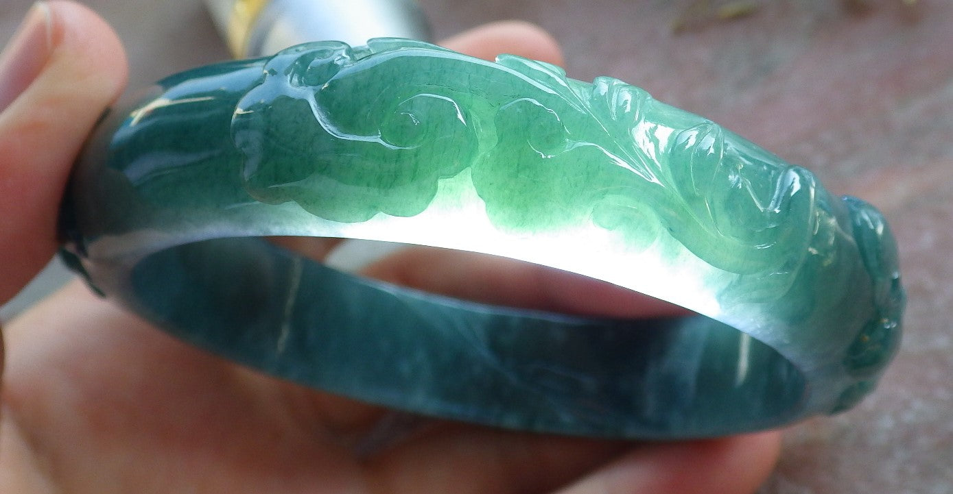Certified Icy Green Burma 100% Natural A JADE Jadeite Monkey Ruyi Bamboo Bangle Bracelet 64 mm 手镯 640744  TN
