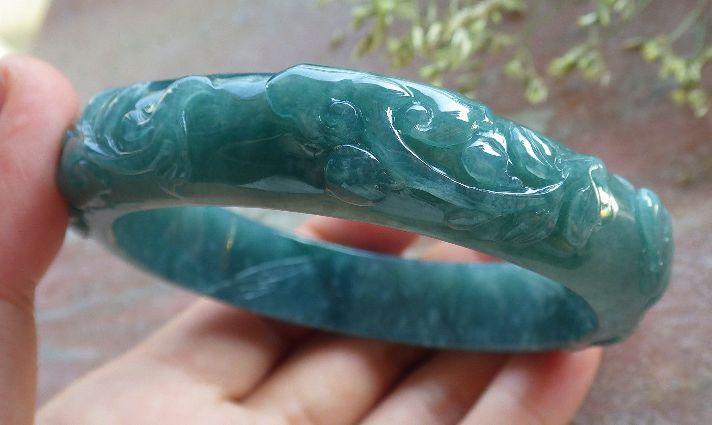 Certified Icy Green Burma 100% Natural A JADE Jadeite Monkey Ruyi Bamboo Bangle Bracelet 64 mm 手镯 640744  TN