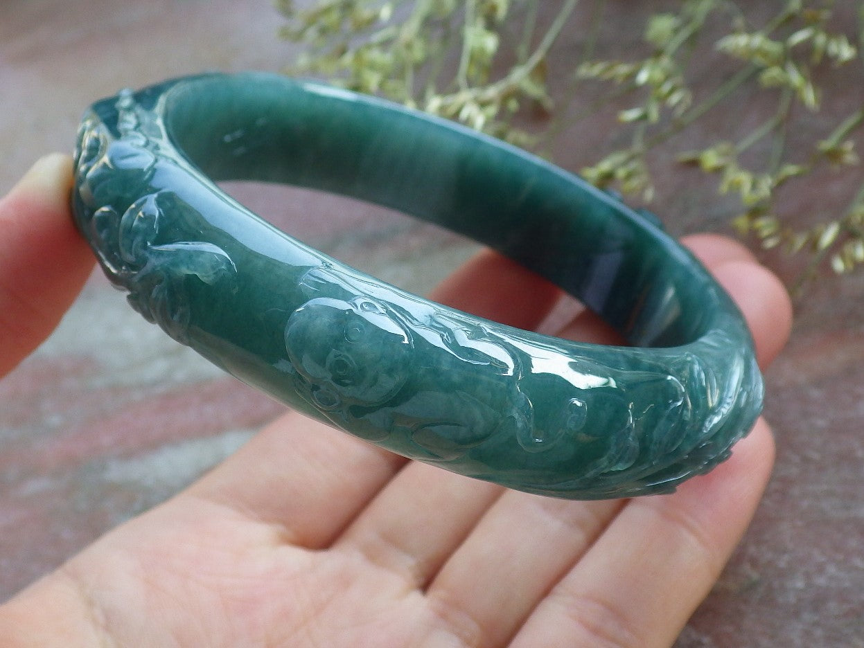 Certified Icy Green Burma 100% Natural A JADE Jadeite Monkey Ruyi Bamboo Bangle Bracelet 64 mm 手镯 640744  TN