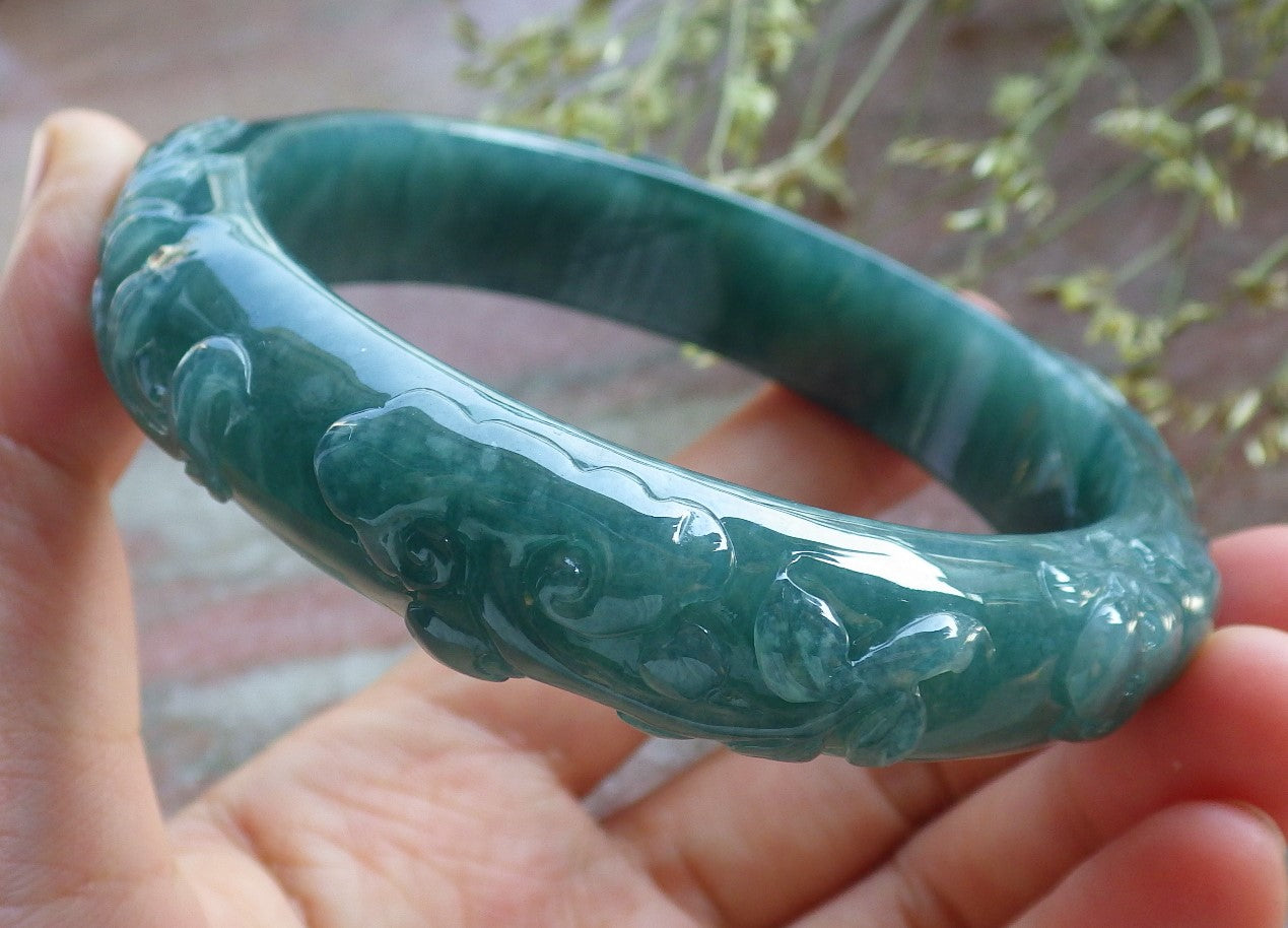 Certified Icy Green Burma 100% Natural A JADE Jadeite Monkey Ruyi Bamboo Bangle Bracelet 64 mm 手镯 640744  TN