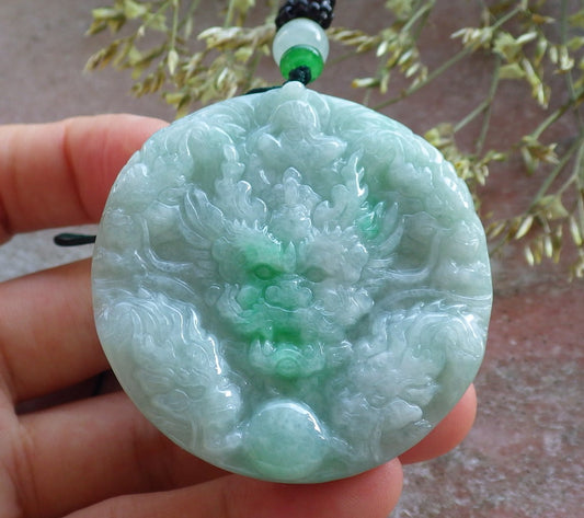 Certified Green Burma 100% Natural A Jade jadeite Pendant 9 Dragon Buddha God Circle Necklace 640771  TN