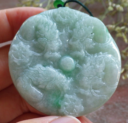 Certified Green Burma 100% Natural A Jade jadeite Pendant 9 Dragon Buddha God Circle Necklace 640771  TN