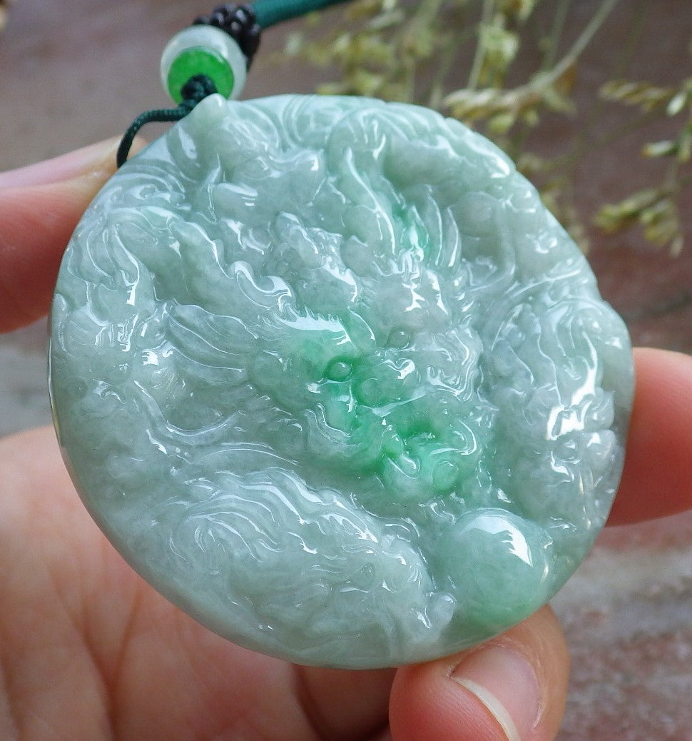 Certified Green Burma 100% Natural A Jade jadeite Pendant 9 Dragon Buddha God Circle Necklace 640771  TN