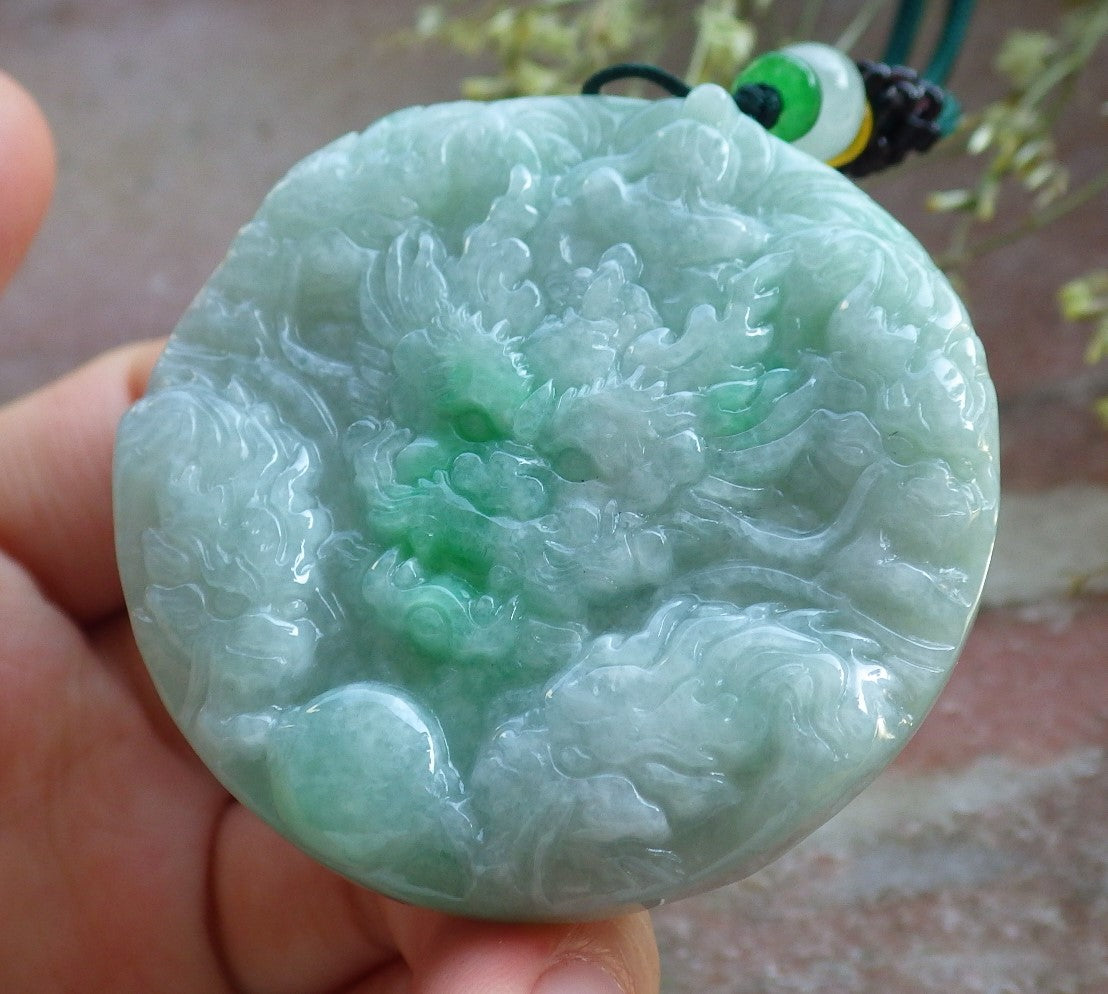 Certified Green Burma 100% Natural A Jade jadeite Pendant 9 Dragon Buddha God Circle Necklace 640771  TN