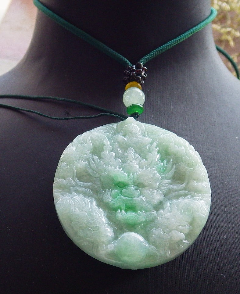 Certified Green Burma 100% Natural A Jade jadeite Pendant 9 Dragon Buddha God Circle Necklace 640771  TN