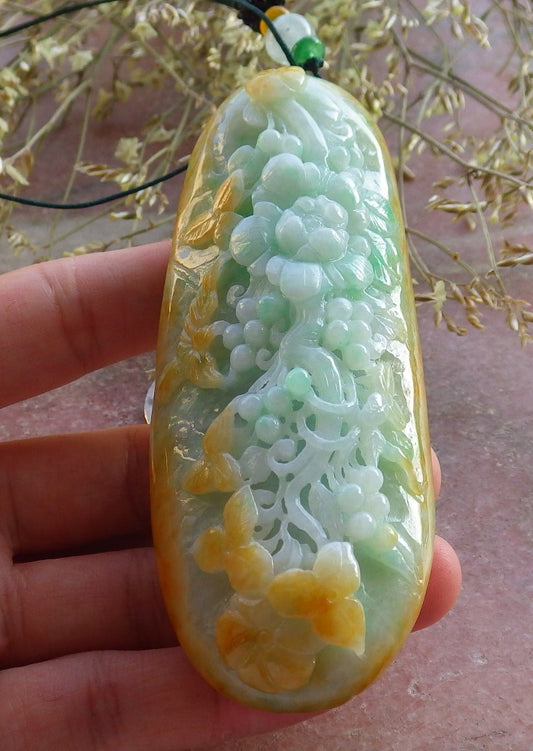 Certified Yellow Green Burma 100% Natural A Jade jadeite Pendant Phoenix Bird Flower Leaf Necklace 鸟语花香 640916  TN