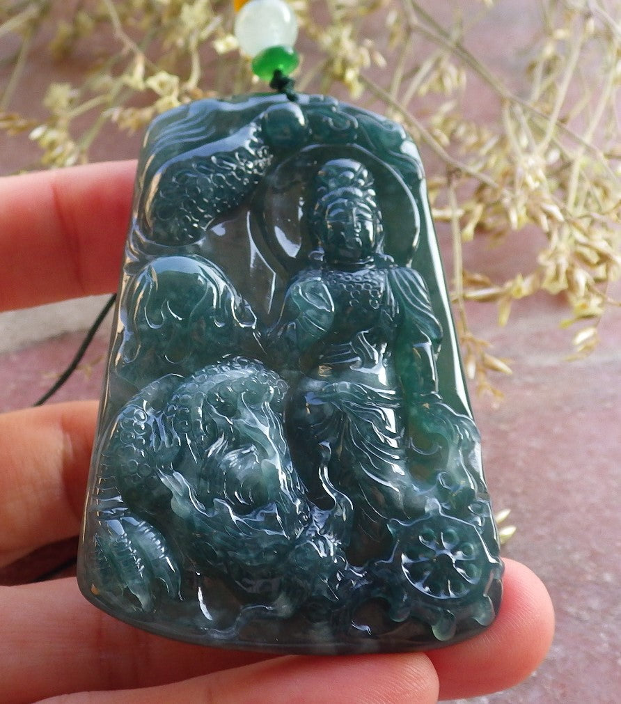 Certified Icy Green Burma 100% Natural A Jade jadeite Pendant Guanyin Kwan Yin Dragon Bead Necklace 观音 640926  TN