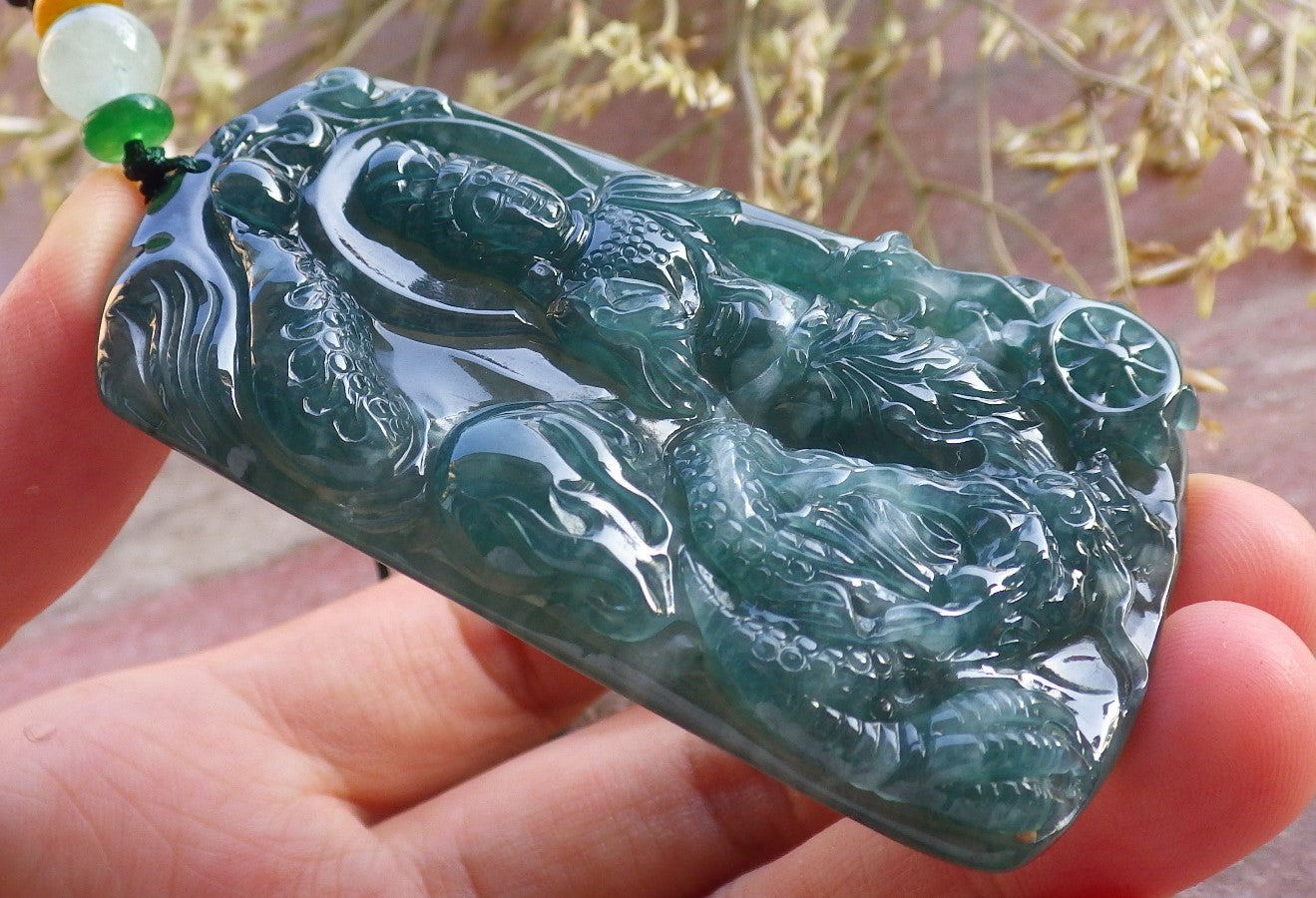 Certified Icy Green Burma 100% Natural A Jade jadeite Pendant Guanyin Kwan Yin Dragon Bead Necklace 观音 640926  TN