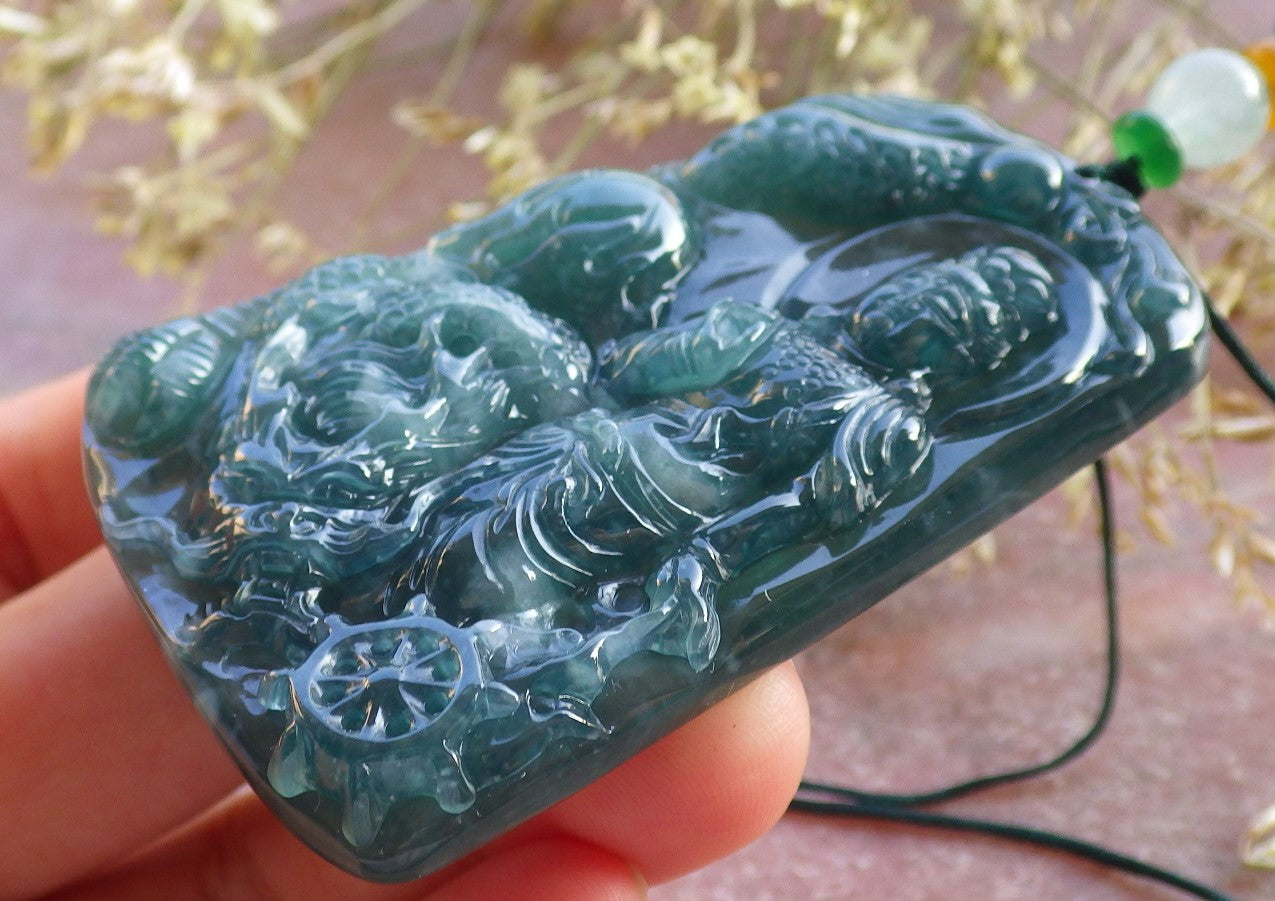 Certified Icy Green Burma 100% Natural A Jade jadeite Pendant Guanyin Kwan Yin Dragon Bead Necklace 观音 640926  TN