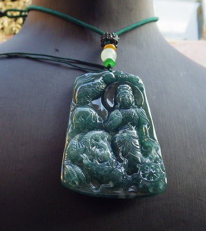Certified Icy Green Burma 100% Natural A Jade jadeite Pendant Guanyin Kwan Yin Dragon Bead Necklace 观音 640926  TN