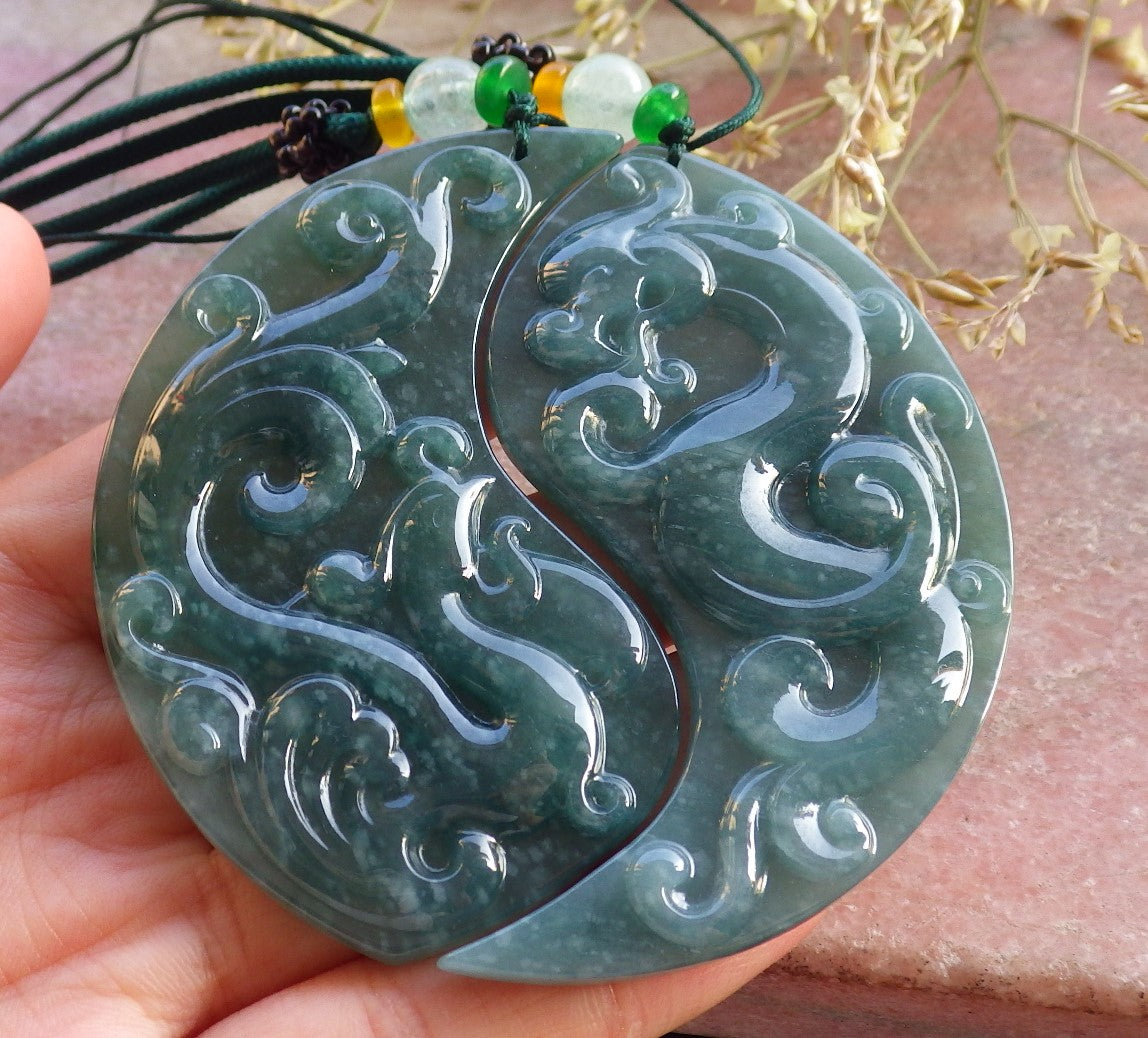 Pair Certified Icy Green Burma 100% Natural A Jade jadeite Pendant Dragon Phoenix Necklace 龙凤 640951  TN