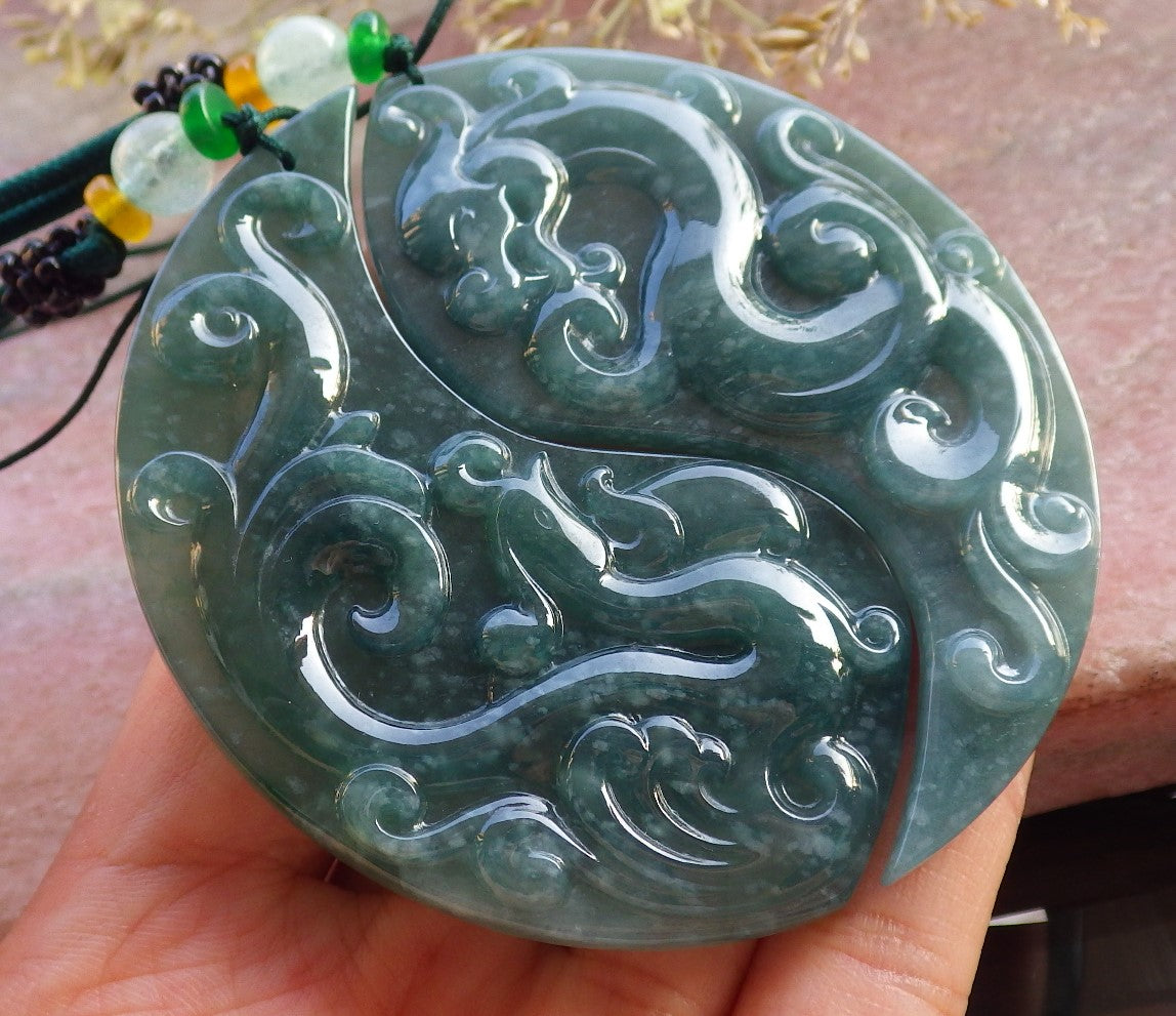 Pair Certified Icy Green Burma 100% Natural A Jade jadeite Pendant Dragon Phoenix Necklace 龙凤 640951  TN