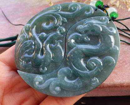 Pair Certified Icy Green Burma 100% Natural A Jade jadeite Pendant Dragon Phoenix Necklace 龙凤 640951  TN