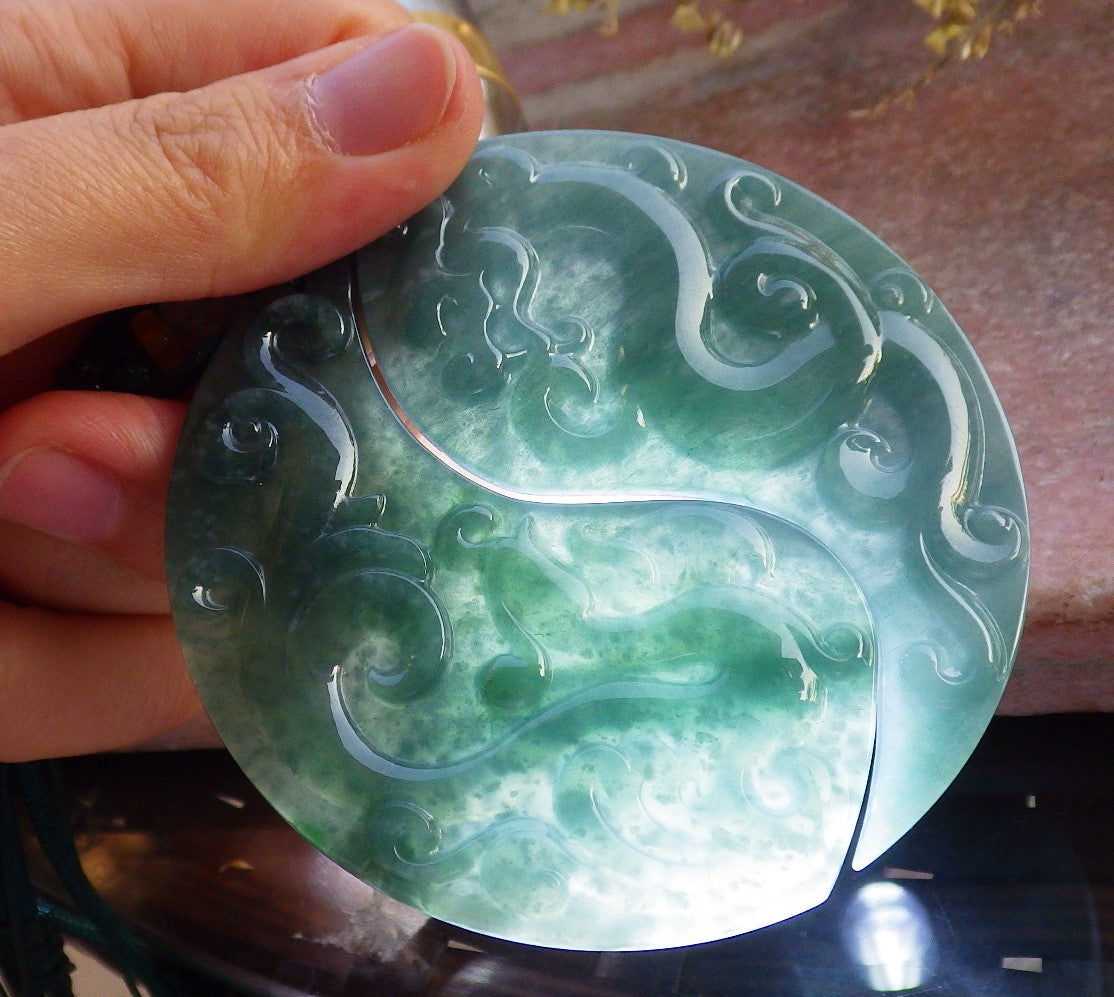 Pair Certified Icy Green Burma 100% Natural A Jade jadeite Pendant Dragon Phoenix Necklace 龙凤 640951  TN
