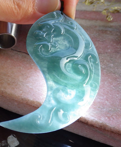 Pair Certified Icy Green Burma 100% Natural A Jade jadeite Pendant Dragon Phoenix Necklace 龙凤 640951  TN