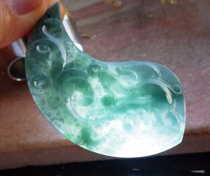 Pair Certified Icy Green Burma 100% Natural A Jade jadeite Pendant Dragon Phoenix Necklace 龙凤 640951  TN