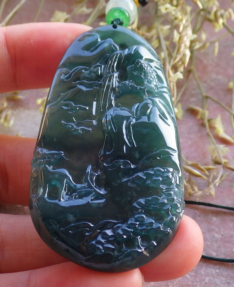 Certified Icy Blue Water Burma 100% Natural A Jade jadeite Pendant Landscape painting Tree Necklace 山水画 640977  TN
