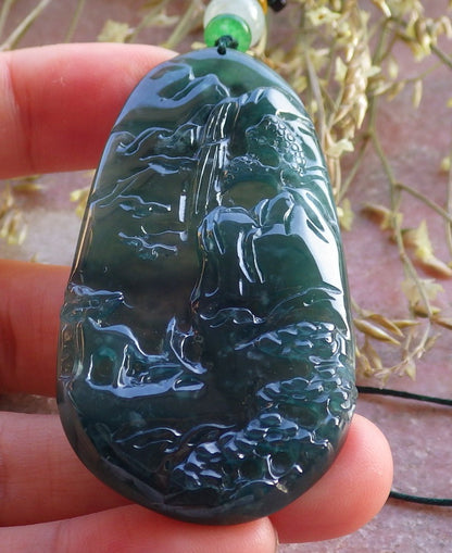 Certified Icy Blue Water Burma 100% Natural A Jade jadeite Pendant Landscape painting Tree Necklace 山水画 640977  TN