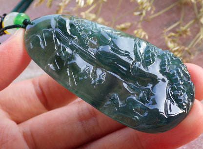 Certified Icy Blue Water Burma 100% Natural A Jade jadeite Pendant Landscape painting Tree Necklace 山水画 640977  TN
