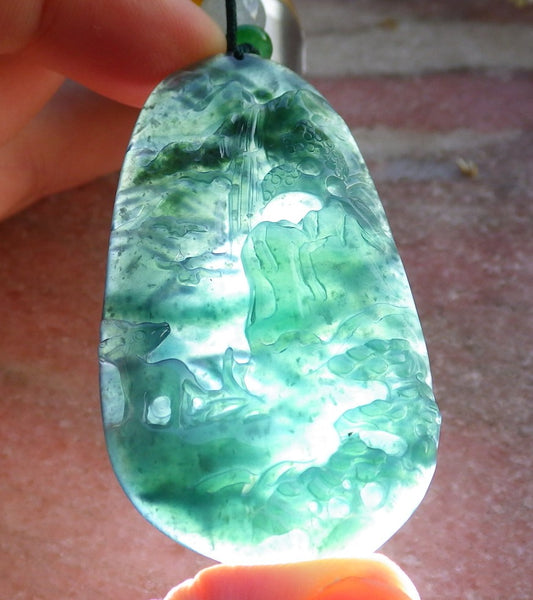Certified Icy Blue Water Burma 100% Natural A Jade jadeite Pendant Landscape painting Tree Necklace 山水画 640977  TN