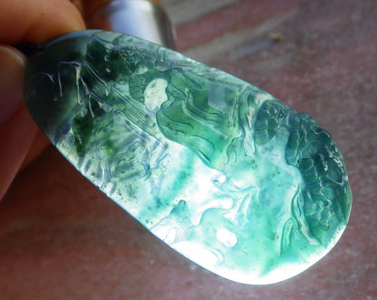 Certified Icy Blue Water Burma 100% Natural A Jade jadeite Pendant Landscape painting Tree Necklace 山水画 640977  TN