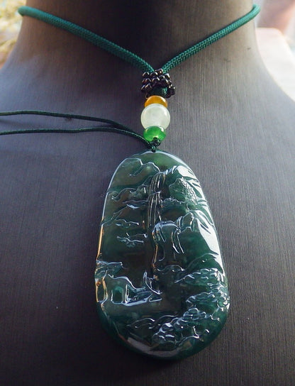 Certified Icy Blue Water Burma 100% Natural A Jade jadeite Pendant Landscape painting Tree Necklace 山水画 640977  TN