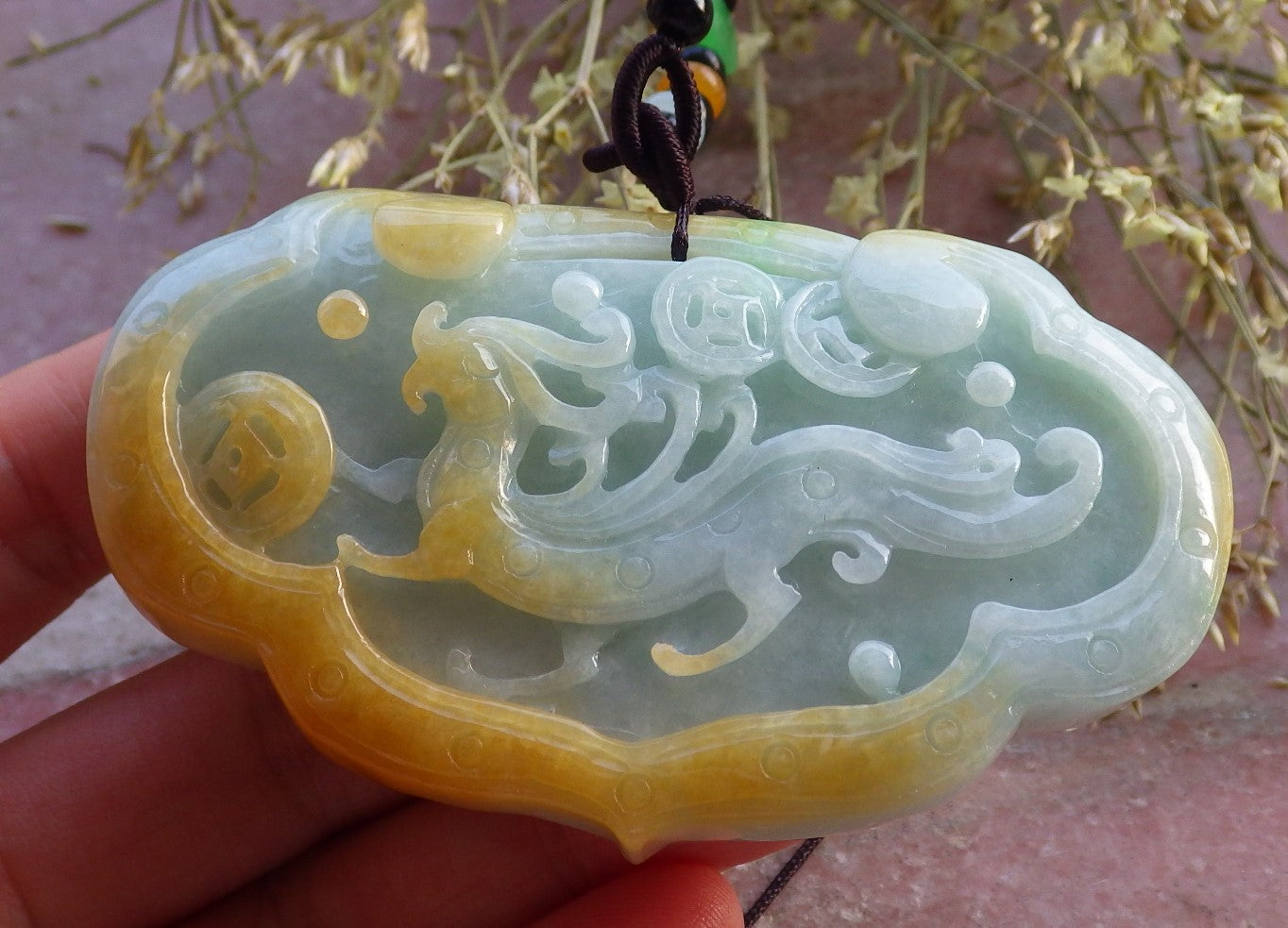Certified Yellow Green Burma 100% Natural A Jade jadeite Pendant Dragon Coin Flower Ruyi Necklace 生意兴隆 641011  TN