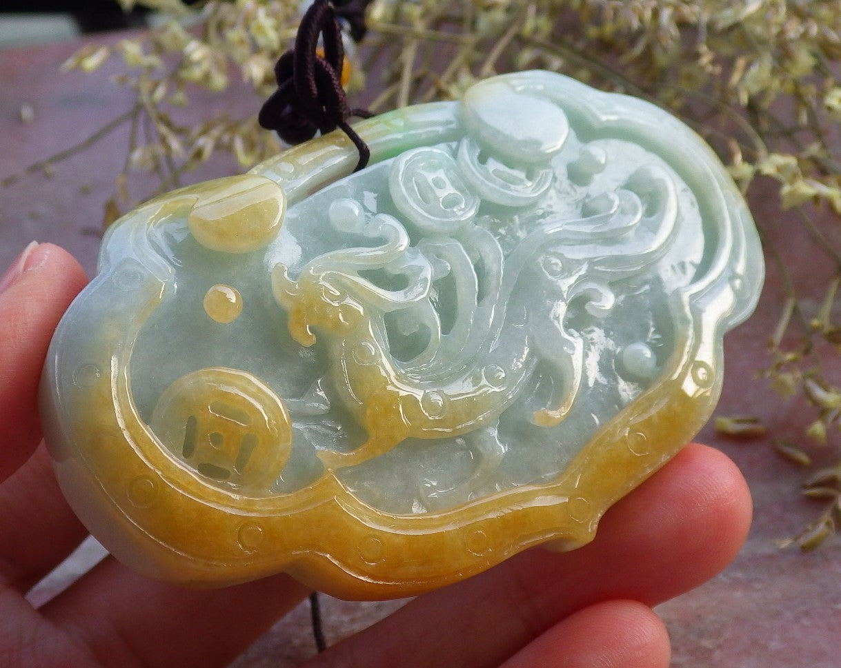 Certified Yellow Green Burma 100% Natural A Jade jadeite Pendant Dragon Coin Flower Ruyi Necklace 生意兴隆 641011  TN