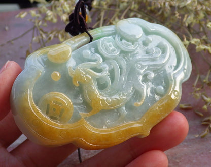 Certified Yellow Green Burma 100% Natural A Jade jadeite Pendant Dragon Coin Flower Ruyi Necklace 生意兴隆 641011  TN
