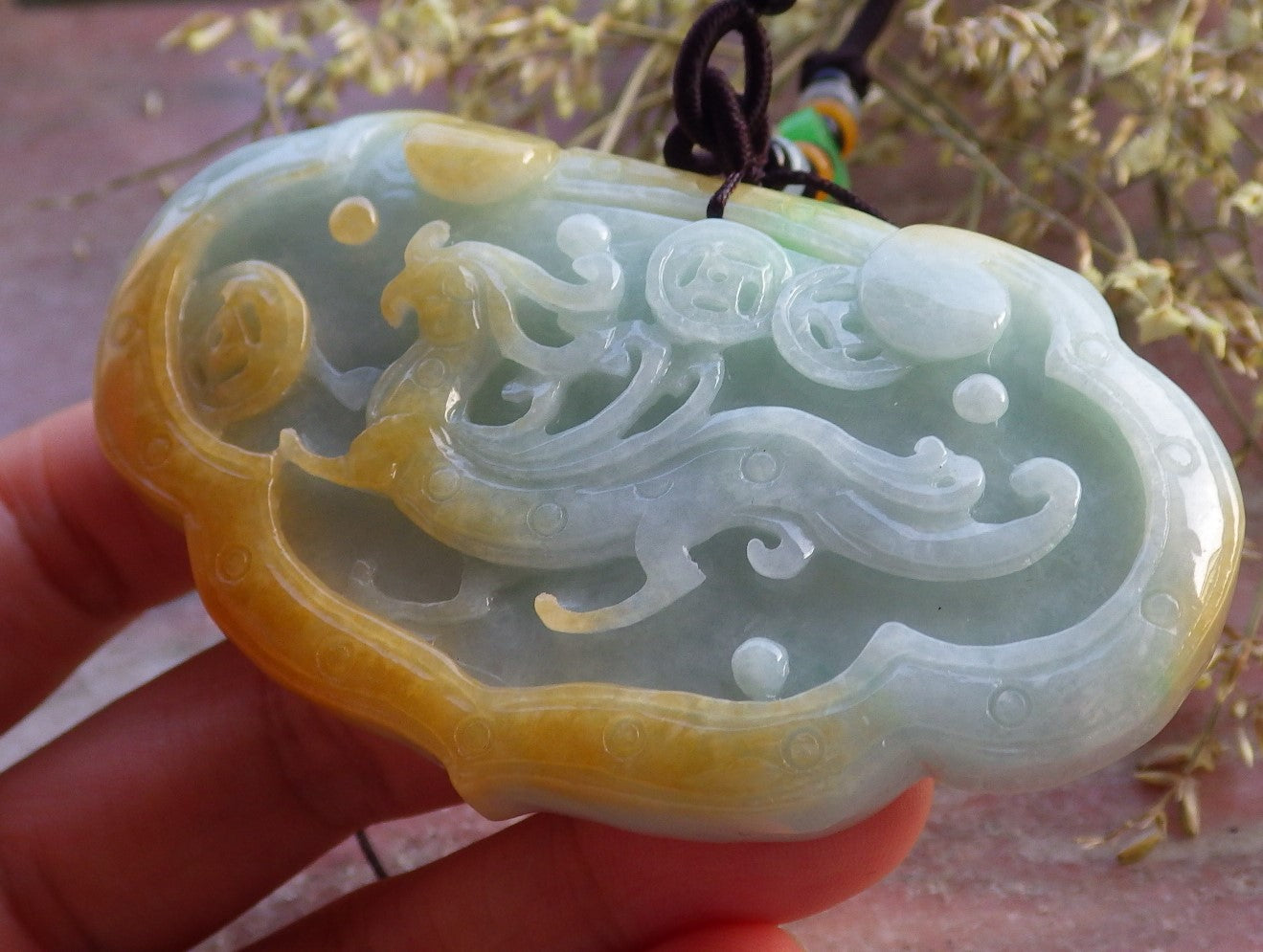 Certified Yellow Green Burma 100% Natural A Jade jadeite Pendant Dragon Coin Flower Ruyi Necklace 生意兴隆 641011  TN