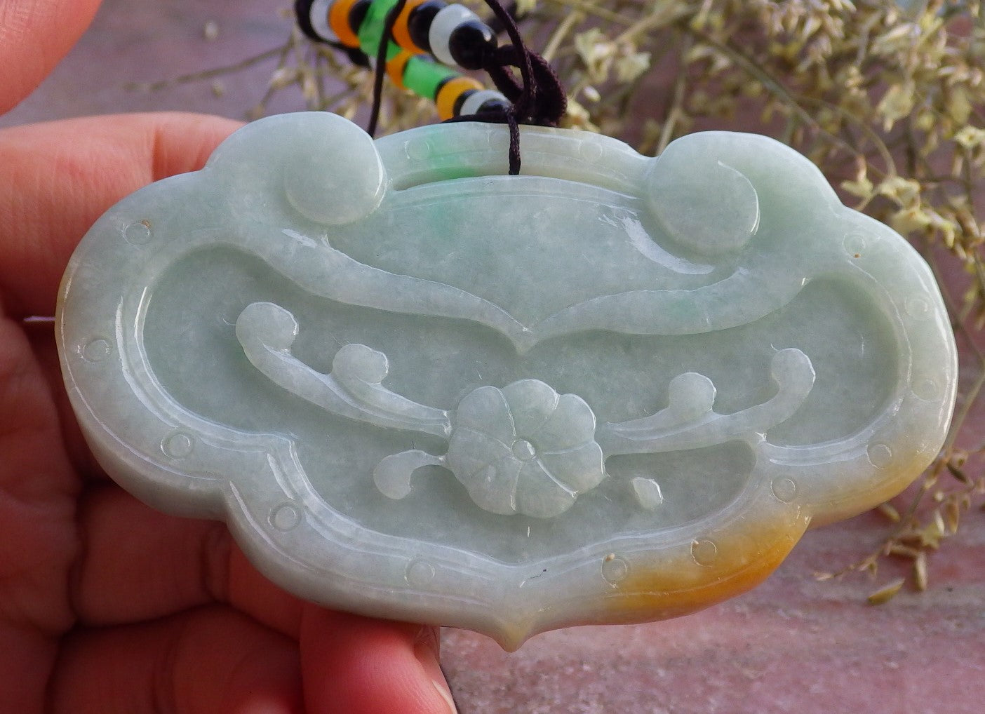 Certified Yellow Green Burma 100% Natural A Jade jadeite Pendant Dragon Coin Flower Ruyi Necklace 生意兴隆 641011  TN