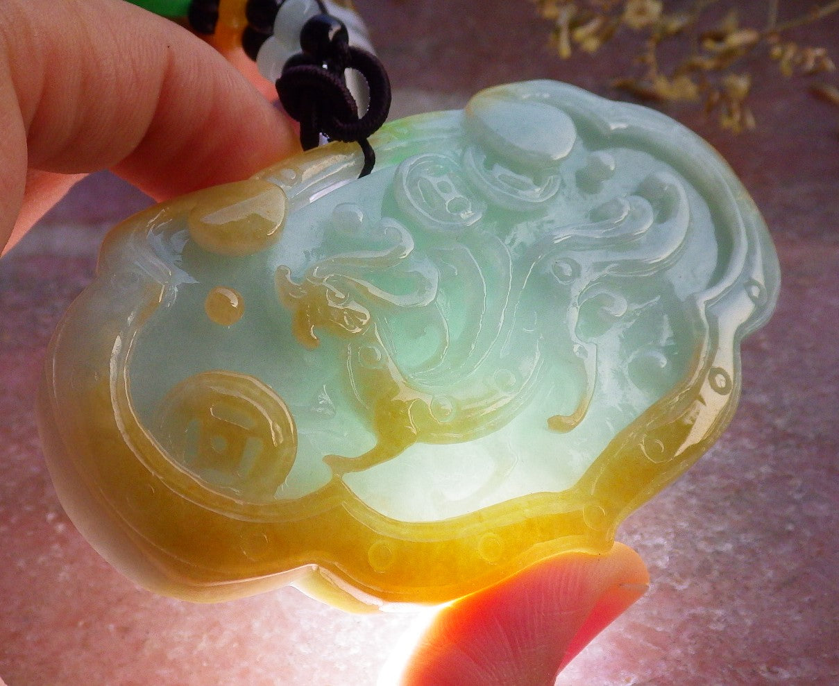 Certified Yellow Green Burma 100% Natural A Jade jadeite Pendant Dragon Coin Flower Ruyi Necklace 生意兴隆 641011  TN