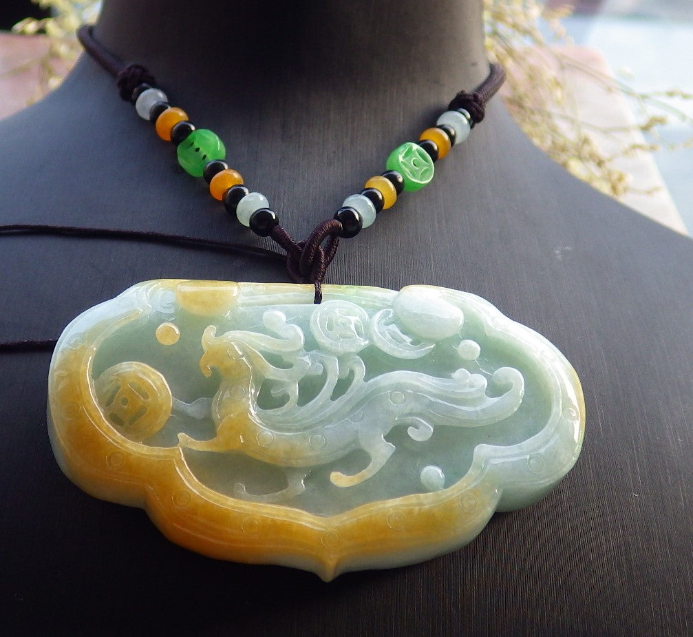 Certified Yellow Green Burma 100% Natural A Jade jadeite Pendant Dragon Coin Flower Ruyi Necklace 生意兴隆 641011  TN