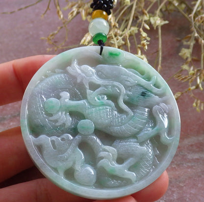 Certified Green Pale Lavender Burma 100% Natural A Jade jadeite Pendant Dragon Bead Necklace 生意兴隆 641075  TN