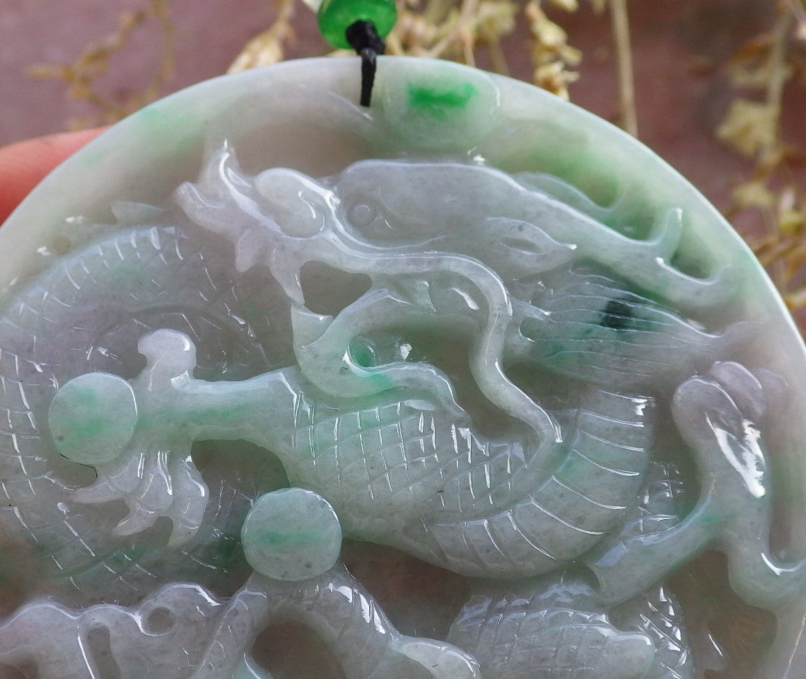 Certified Green Pale Lavender Burma 100% Natural A Jade jadeite Pendant Dragon Bead Necklace 生意兴隆 641075  TN