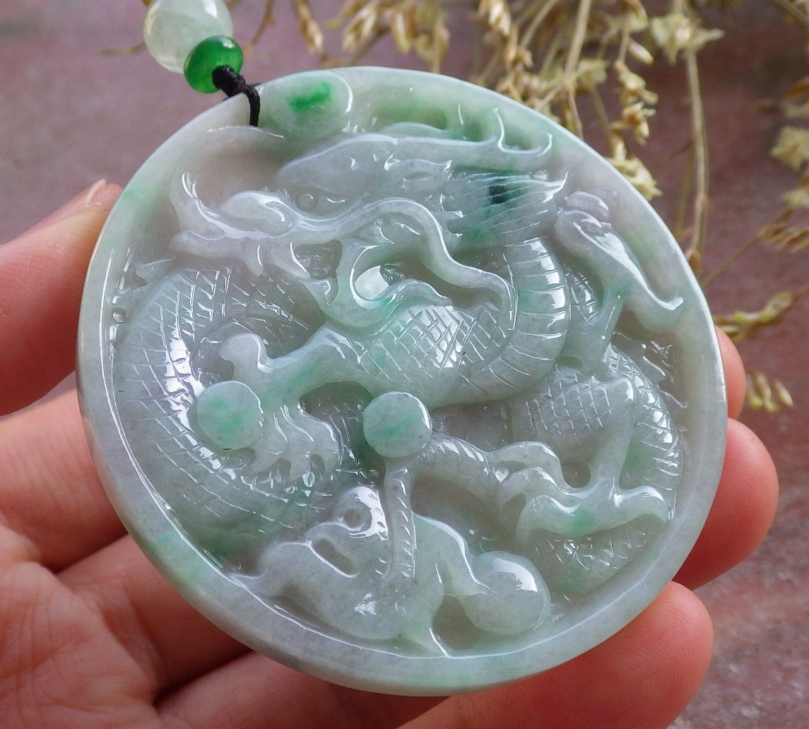 Certified Green Pale Lavender Burma 100% Natural A Jade jadeite Pendant Dragon Bead Necklace 生意兴隆 641075  TN