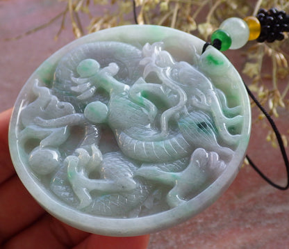 Certified Green Pale Lavender Burma 100% Natural A Jade jadeite Pendant Dragon Bead Necklace 生意兴隆 641075  TN
