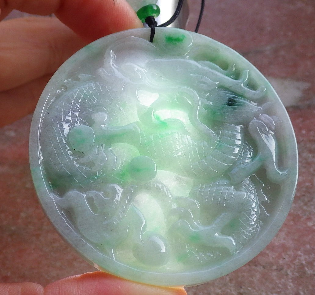 Certified Green Pale Lavender Burma 100% Natural A Jade jadeite Pendant Dragon Bead Necklace 生意兴隆 641075  TN