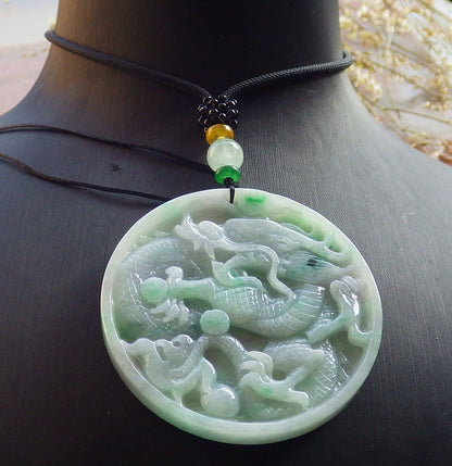 Certified Green Pale Lavender Burma 100% Natural A Jade jadeite Pendant Dragon Bead Necklace 生意兴隆 641075  TN
