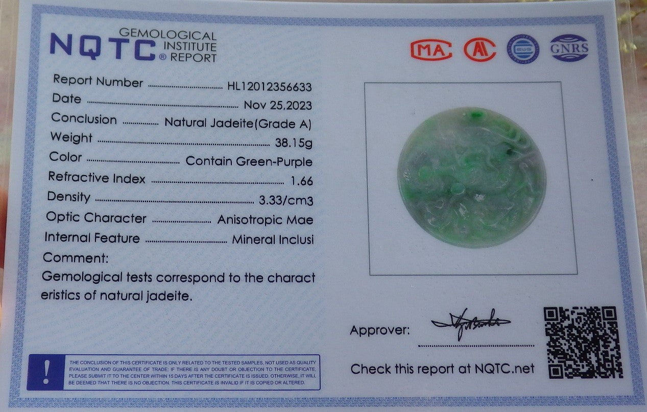 Certified Green Pale Lavender Burma 100% Natural A Jade jadeite Pendant Dragon Bead Necklace 生意兴隆 641075  TN