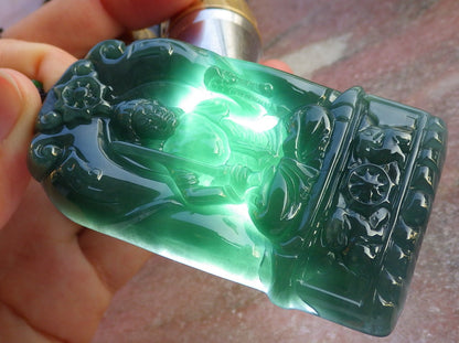 Certified Icy Green Burma 100% Natural A Jade jadeite Pendant Buddha God Sword Necklace 佛 641155  TN