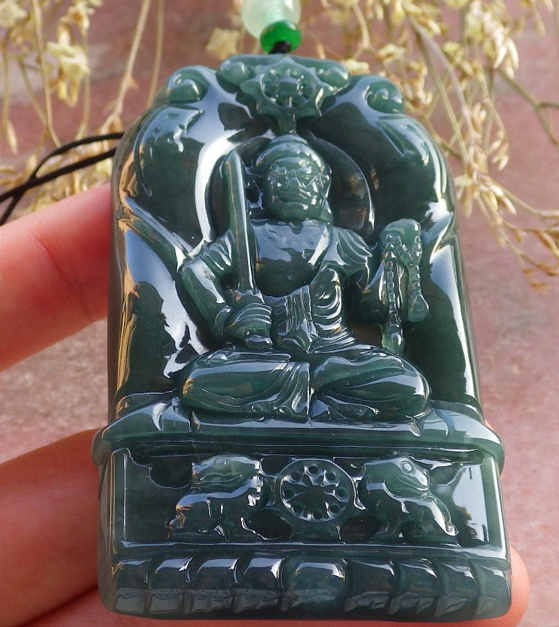 Certified Icy Green Burma 100% Natural A Jade jadeite Pendant Buddha God Sword Necklace 佛 641155  TN