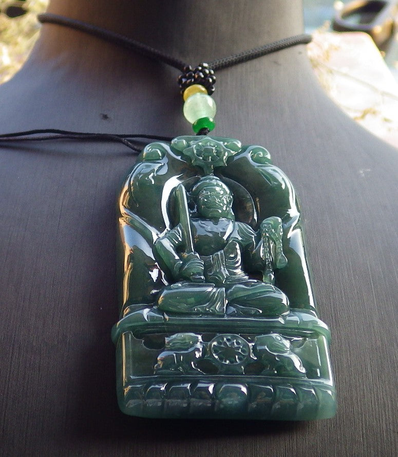 Certified Icy Green Burma 100% Natural A Jade jadeite Pendant Buddha God Sword Necklace 佛 641155  TN
