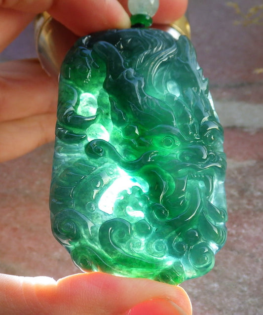 Certified Icy Green Burma 100% Natural A Jade jadeite Pendant Dragon Ruyi Necklace 生意兴隆 641163  TN