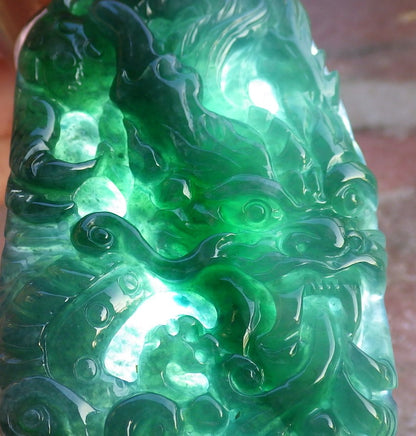 Certified Icy Green Burma 100% Natural A Jade jadeite Pendant Dragon Ruyi Necklace 生意兴隆 641163  TN