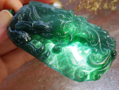 Certified Icy Green Burma 100% Natural A Jade jadeite Pendant Dragon Ruyi Necklace 生意兴隆 641163  TN