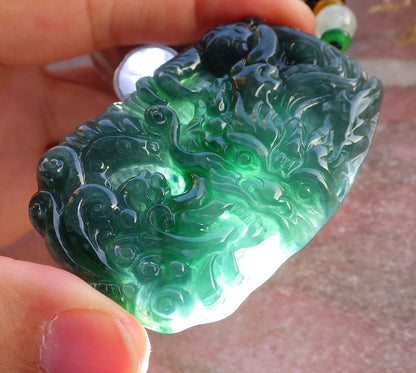Certified Icy Green Burma 100% Natural A Jade jadeite Pendant Dragon Ruyi Necklace 生意兴隆 641163  TN
