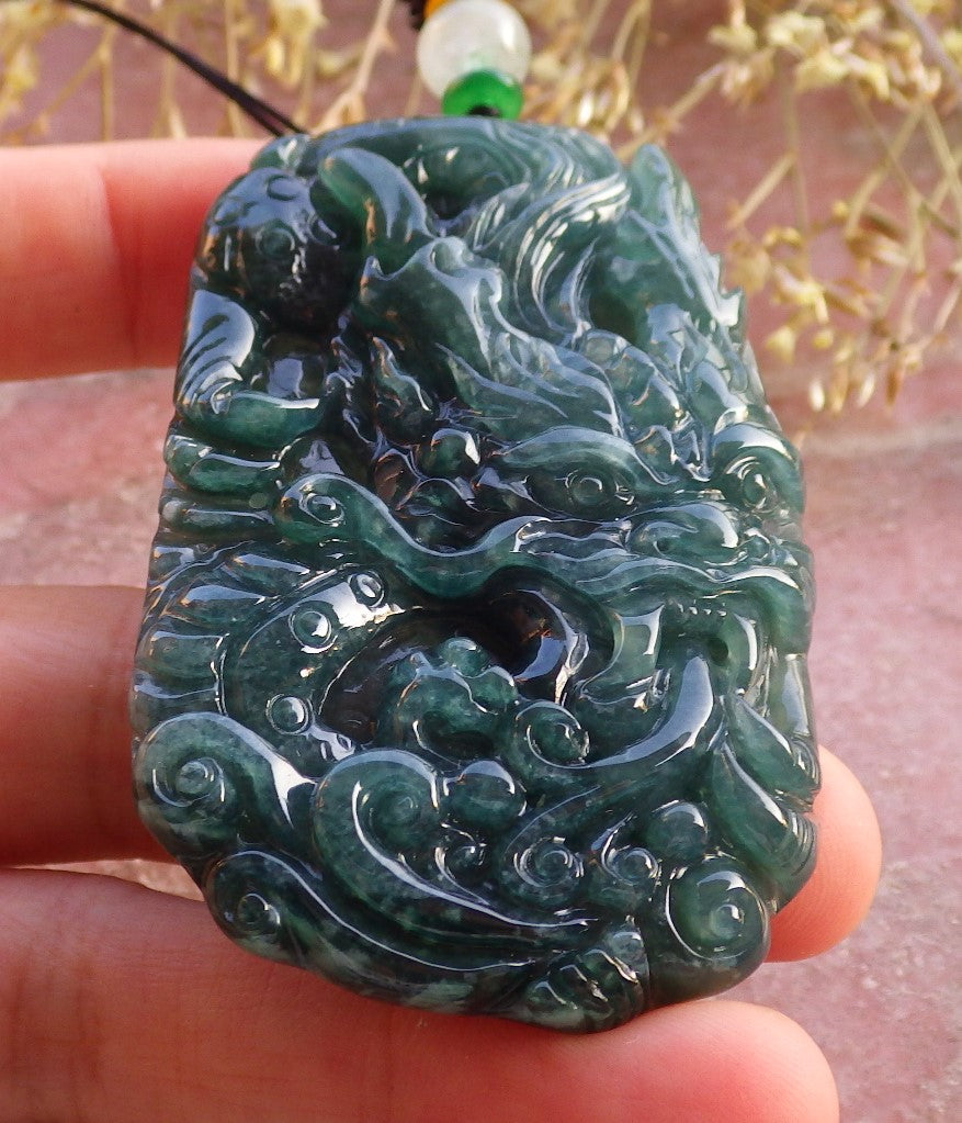 Certified Icy Green Burma 100% Natural A Jade jadeite Pendant Dragon Ruyi Necklace 生意兴隆 641163  TN