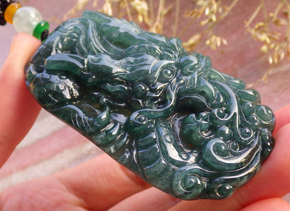 Certified Icy Green Burma 100% Natural A Jade jadeite Pendant Dragon Ruyi Necklace 生意兴隆 641163  TN